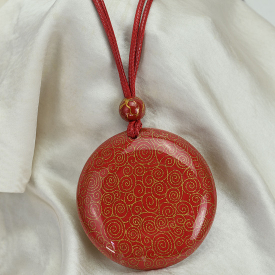 Red Golden Spirals Chinese Style Print Large Pendant on Long Red Wax Cord Neckline