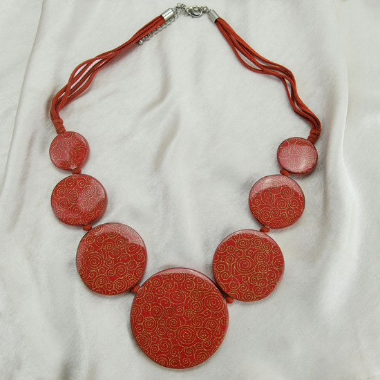 Red Golden Spirals Chinese Style Print Necklace