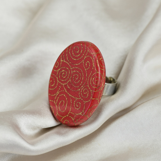Red Golden Spirals Chinese Style Print Adjustable Oval Ring